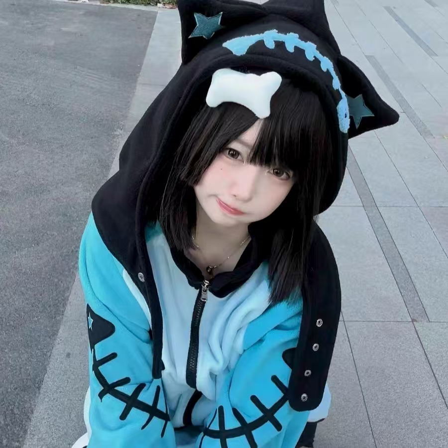 Vintage Zip Hoodie - Japanese Cat Ear Fish Bone Hoodie