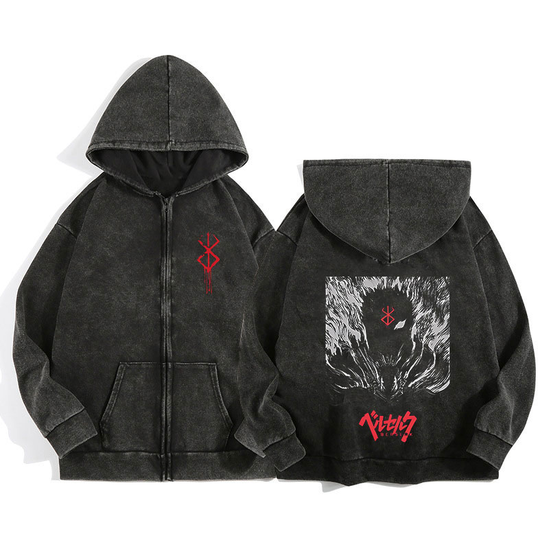 Anime Berserk Wash Zip Up Hood - Vintage Zip Hoodie ulasan dan harga
